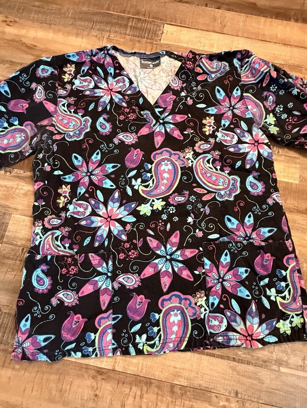 Butter Soft Scrubs Top S Blk Purple Pink Floral Healthcare Medical Nurse Uniform